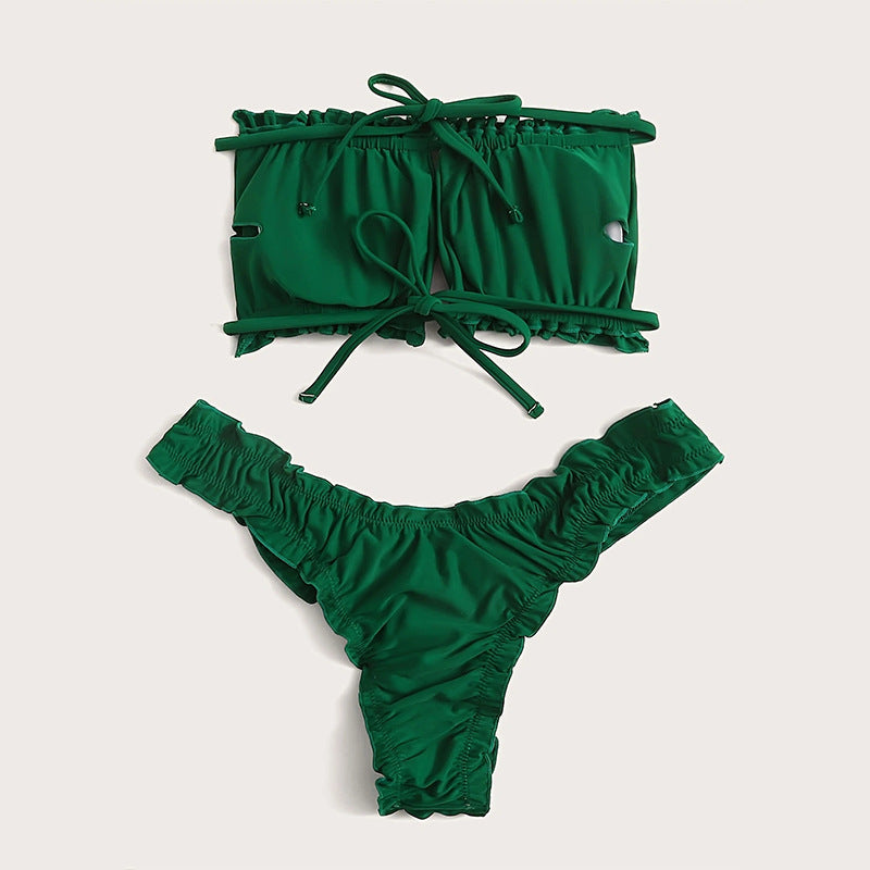 Damen Bandeau-Bikini mit gerafftem Design und Seitenschnürung EB
