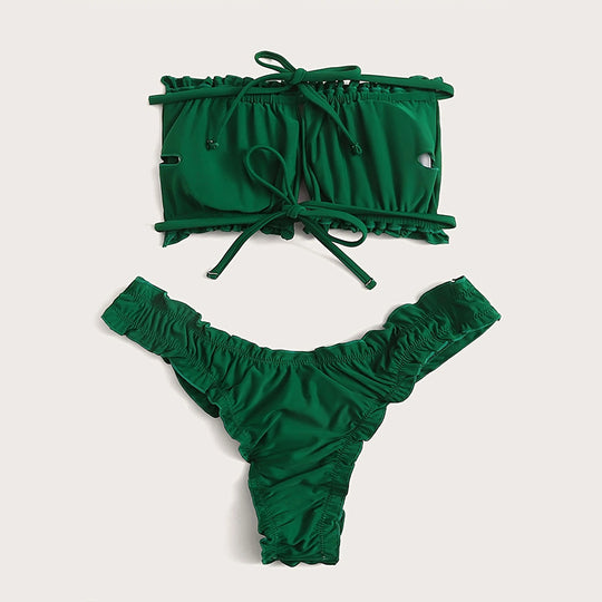 Damen Bandeau-Bikini mit gerafftem Design und Seitenschnürung EB