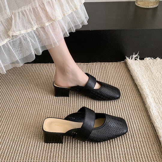Damen Mules mit modischem Lochdesign und bequemem Blockabsatz EB