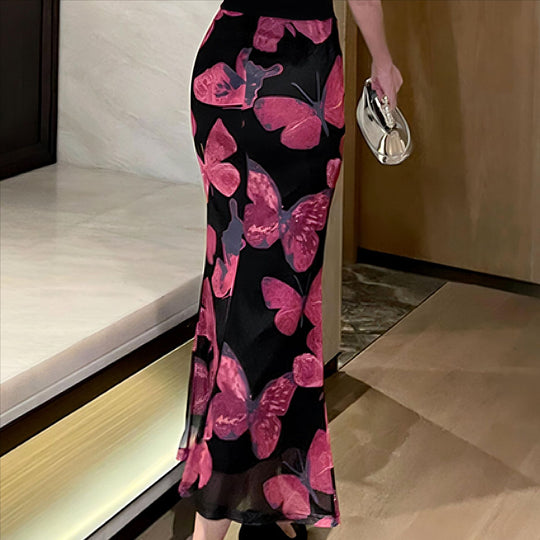 Damen elegantes Maxikleid mit floralem Schmetterlingsmuster und fließendem Stoff EB