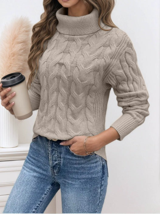 Damen Strickpullover mit hohem Kragen und Zopfmuster EB