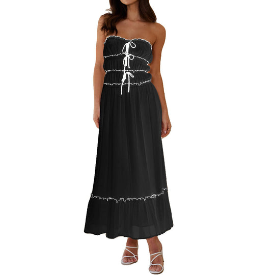 Damen Maxikleid mit dekorativen Rüschendetails und verstellbarem Bindegürtel EB