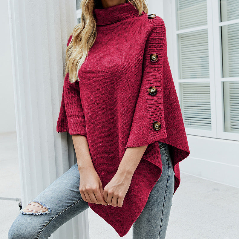 Damen Strickponcho mit hohem Kragen und dekorativen Knöpfen EB