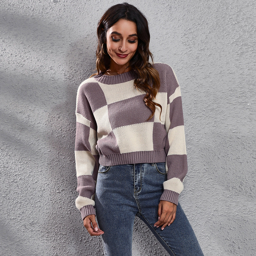 Damen Oversized Strickpullover mit modernen Karomuster und hohem Kragen EB