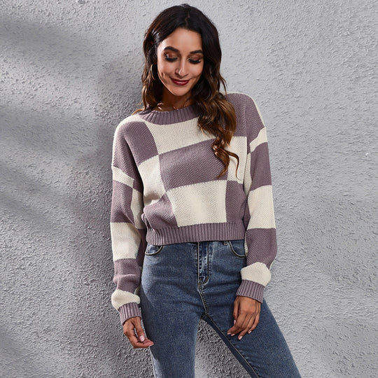 Damen Oversized Strickpullover mit modernen Karomuster und hohem Kragen EB