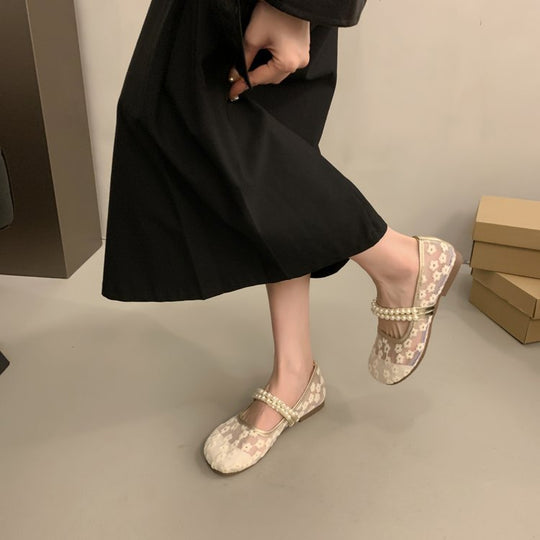 Damen elegante Ballerinas mit dekorativer Perlenapplikation und modischem Riemchen EB