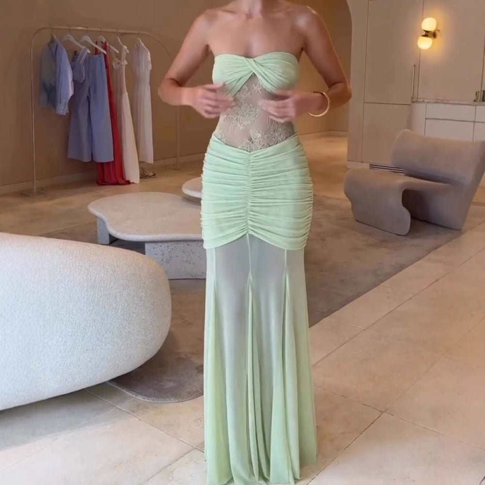 Damen Glamouröses Abendkleid mit Raffungen und Spitze EB