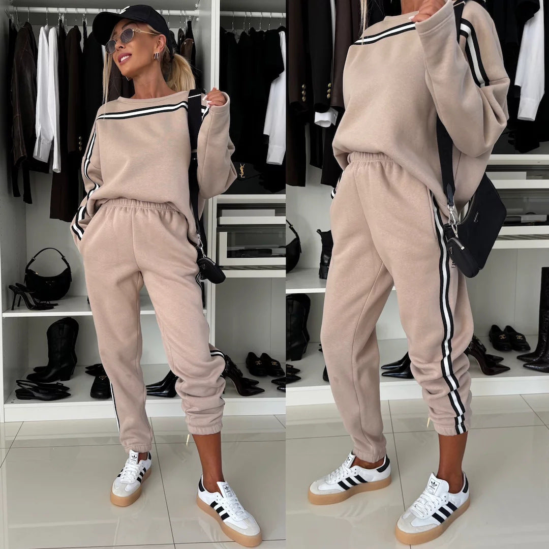 Damen sportives Lounge-Set mit gestreiften Seitenstreifen, oversized Sweatshirt und elastischer Jogginghose EB