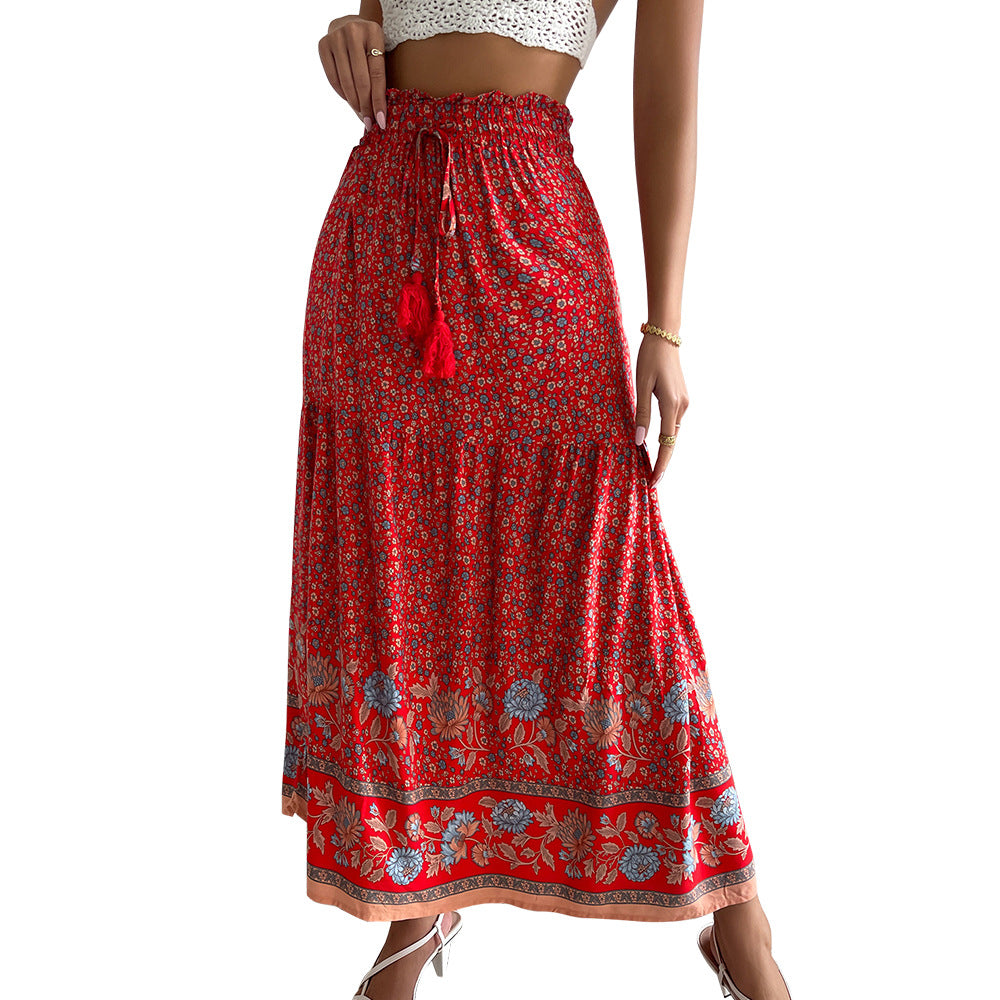 Damen nan leichter Stufen-Maxirock mit elastischem Rüschenbund, Kordel-Tassel und zartem Paisley-Print EB