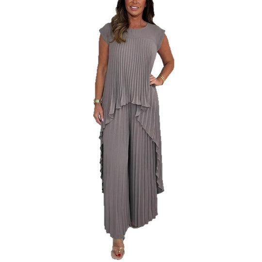 Damen elegantes Plissee-Jumpsuit mit asymmetrischem Saum und fließendem Design EB