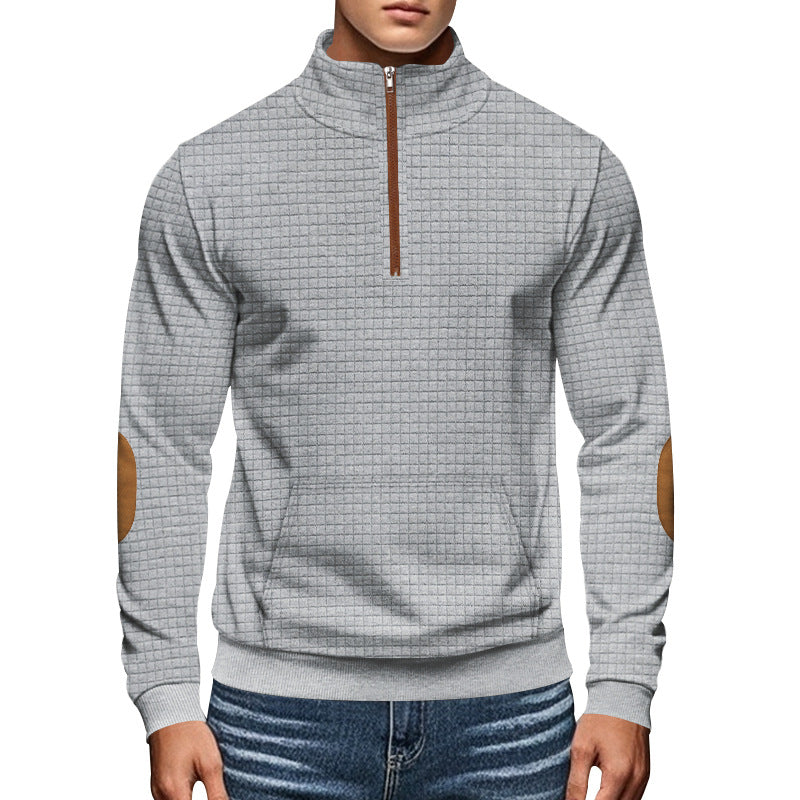 Herren nan gestepptes Halfzip-Sweatshirt mit Stehkragen, Kängurutasche und Kunstleder-Ellenbogenpatches EB