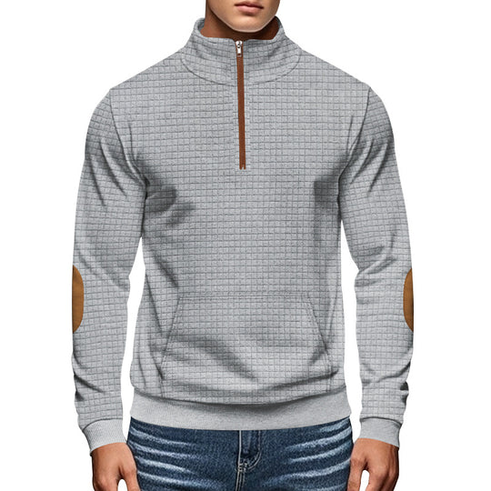Herren nan gestepptes Halfzip-Sweatshirt mit Stehkragen, Kängurutasche und Kunstleder-Ellenbogenpatches EB