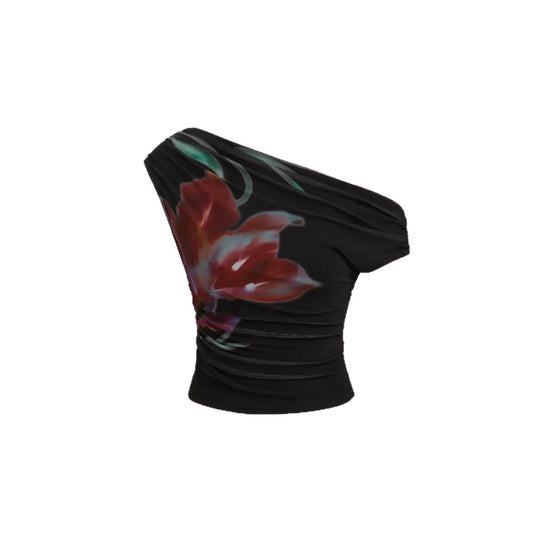 Damen Off-Shoulder Top mit floralem Design und Raffung EB