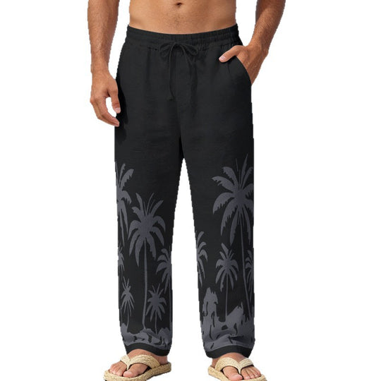Herren Leinenoptik-Strandhose mit Palmenprint Relaxed-Fit und Kordelzug EB