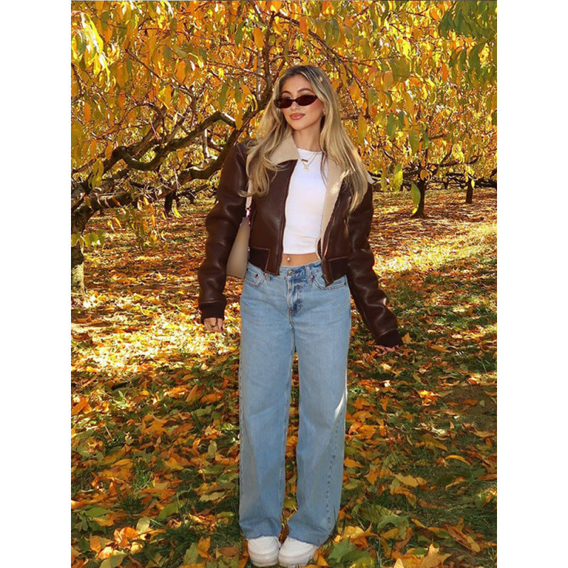 Damen cropped jacke mit schickem Kunstfellkragen EB