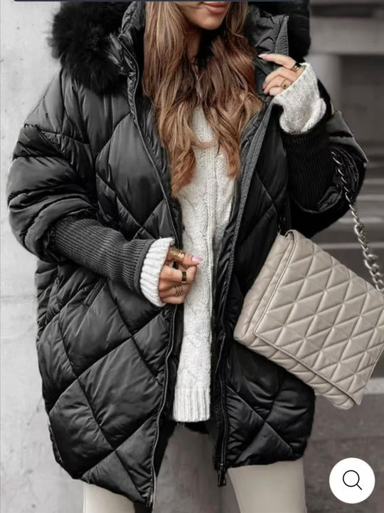 Damen nan weit geschnittener gesteppter Winterparka mit Kapuze Kunstpelzbesatz und Rippbündchen EB