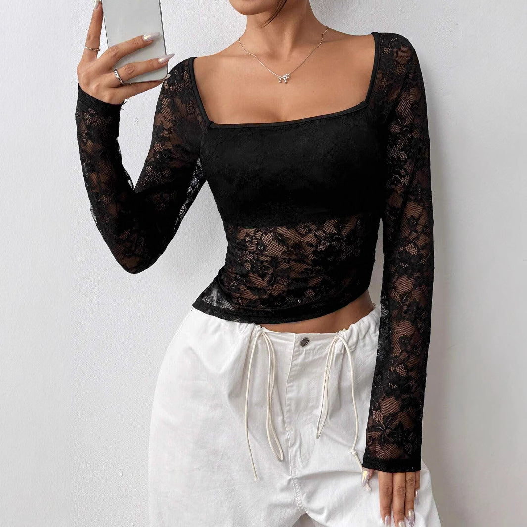 Damen Transparente Spitzenbluse mit langen Ärmeln und elegantem Ausschnitt EB