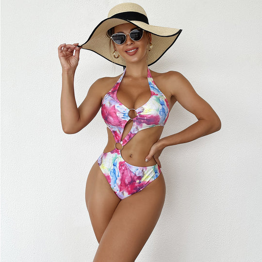 Damen Einteiler Badeanzug mit schickem Cut-Out und buntem Design EB