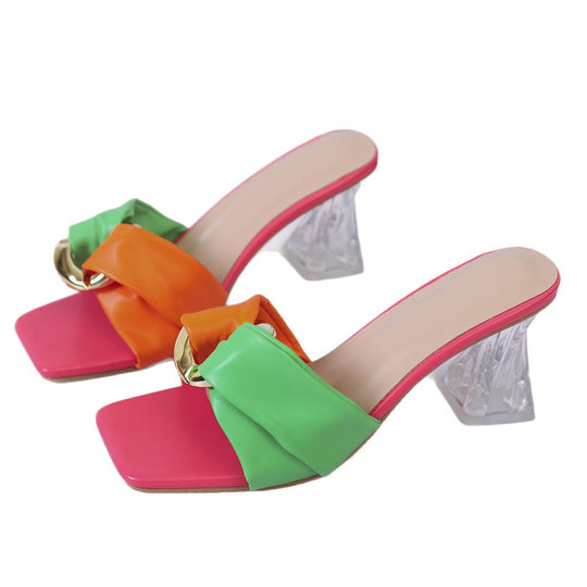 Damen Elegante Mules mit modischer Schleifen-Applikation und transparentem Blockabsatz EB