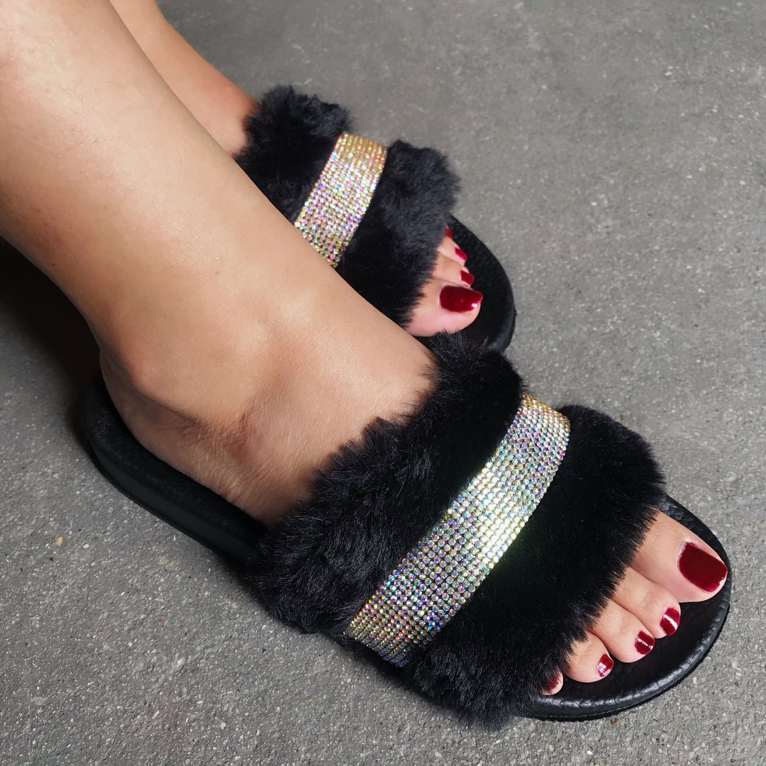 Damen Flauscher Slides mit Strass-Applikation EB