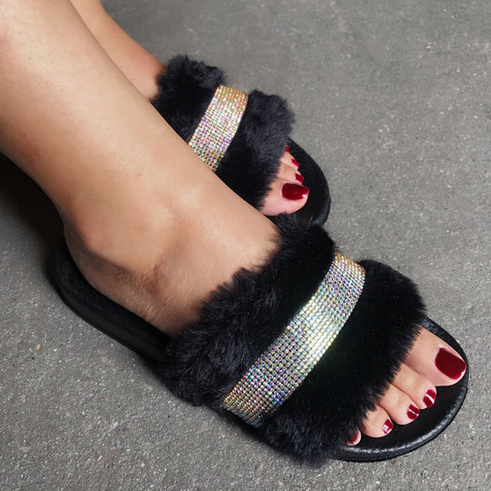 Damen Flauscher Slides mit Strass-Applikation EB