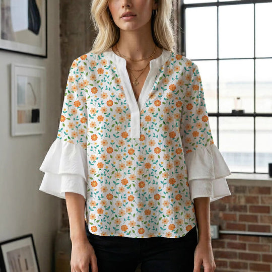 Damen Blusenshirt mit voluminösen Ärmeln und kreativem Druckdesign EB