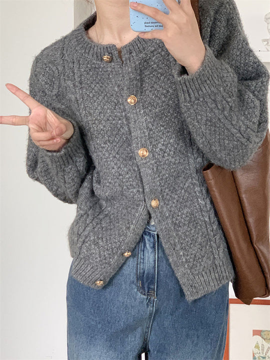 Damen Gemusterte Strickjacke mit goldenen Knöpfen und weitem Schnitt EB