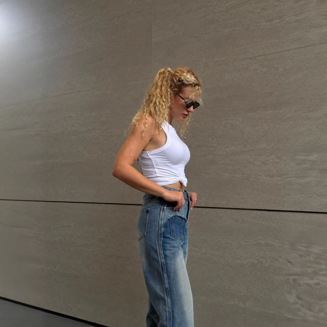 Damen High-Waist Denim-Hose mit angesagtem Patchwork-Design EB