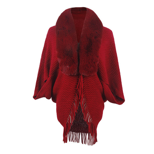 Damen modischer Poncho mit luxuriösem Kunstfellkragen EB