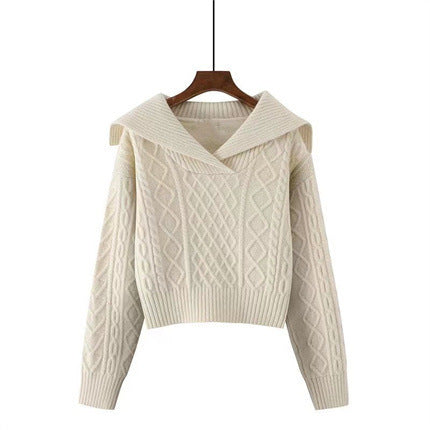 Damen Strickpullover mit weitem Kragen und raffiniertem Zopfmuster EB