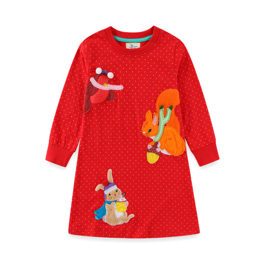 Mädchen Langarmkleid mit bunten Tierapplikationen EB