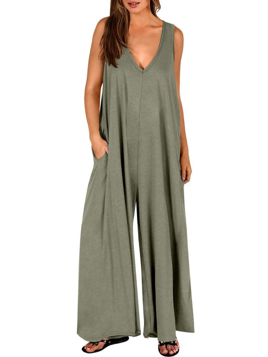 Damen weit geschnittene Jumpsuit mit V-Ausschnitt EB