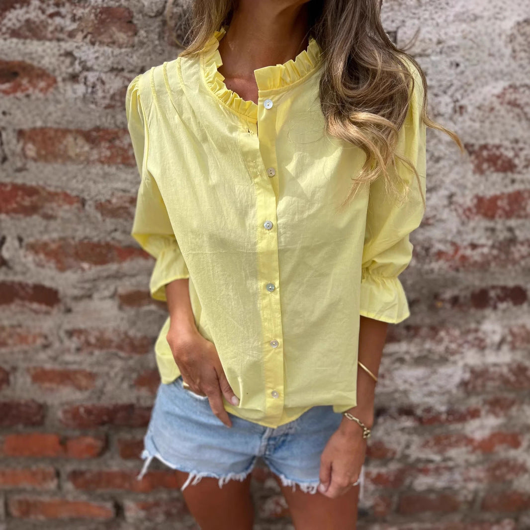 Damen luftige Bluse mit Rüschendetails und voluminösen Ärmeln EB
