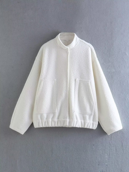 Damen Oversized Strickjacke aus weichem Teddystoff mit Stehkragen und seitlichen Taschen EB