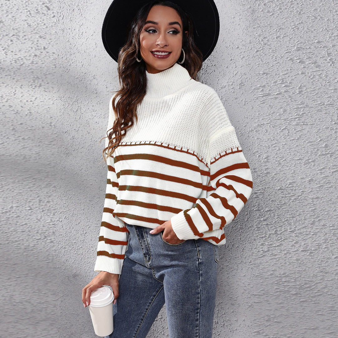 Damen Komfortabler Rollkragenpullover mit modernem Streifenmuster EB