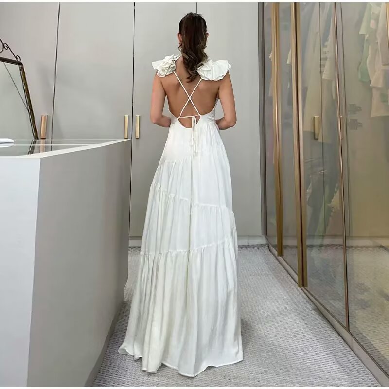 Damen Maxikleid mit schwingendem Rüschendesign und elegantem V-Ausschnitt EB