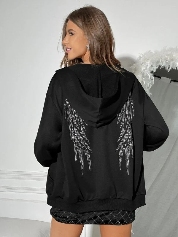 Damen nan Oversize Kapuzenpullover mit funkelndem Strass-Engelsflügel-Rücken EB