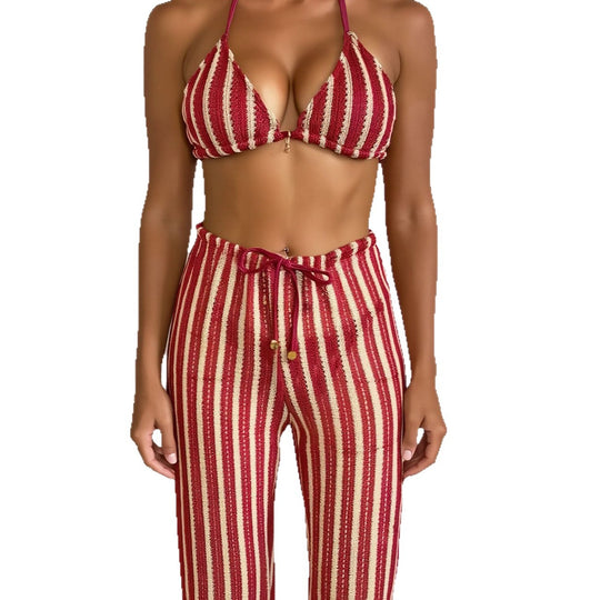 Damen Bikini-Set mit gestreiftem Oberteil und lässigen Hosen EB