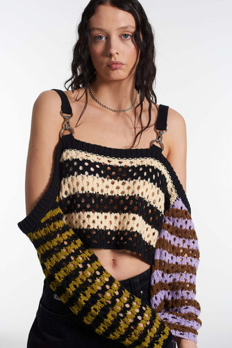 Damen gehäkeltes Crop-Top mit kreativen Streifen und dekorativen Ärmeln EB