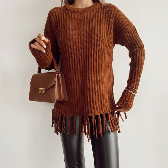 Damen lässiger Rippstrick-Pullover mit Fransen-Saum und Oversize-Silhouette Eichborn Berlin