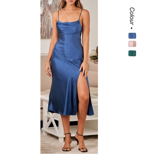 Damen Satin Maxikleid mit elegantem Schlitz und verstellbaren Trägern EB