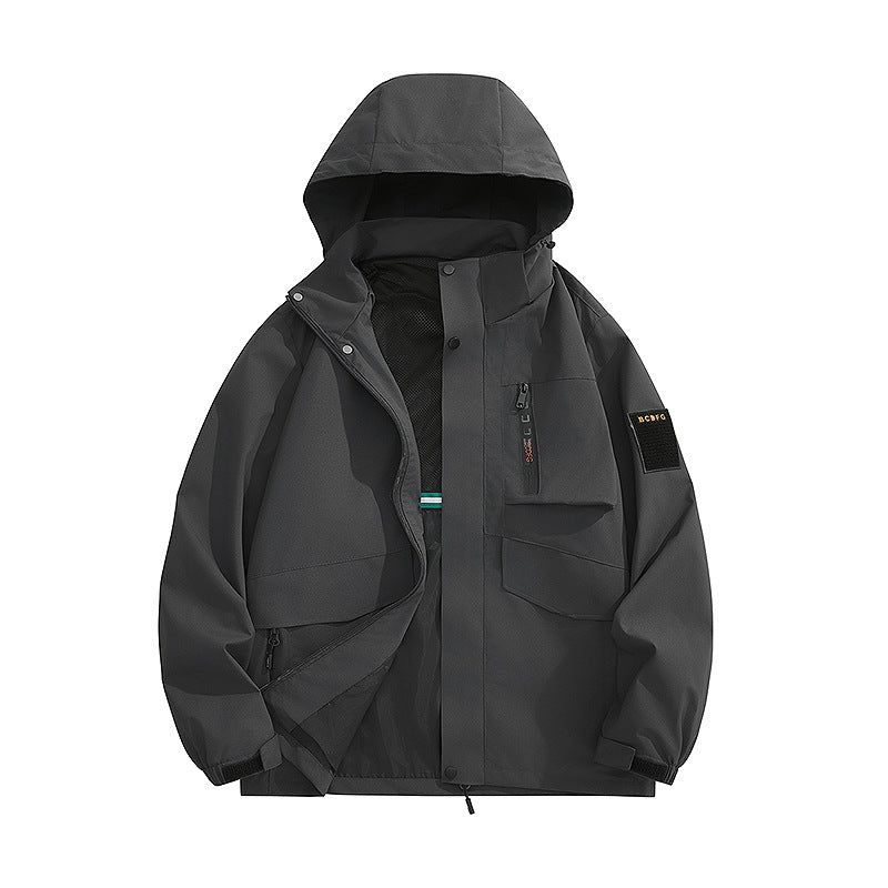 Herren multifunktionale Utility-Outdoorjacke mit Kapuze, verdeckten Taschenklappen und windabweisender Beschichtung EB