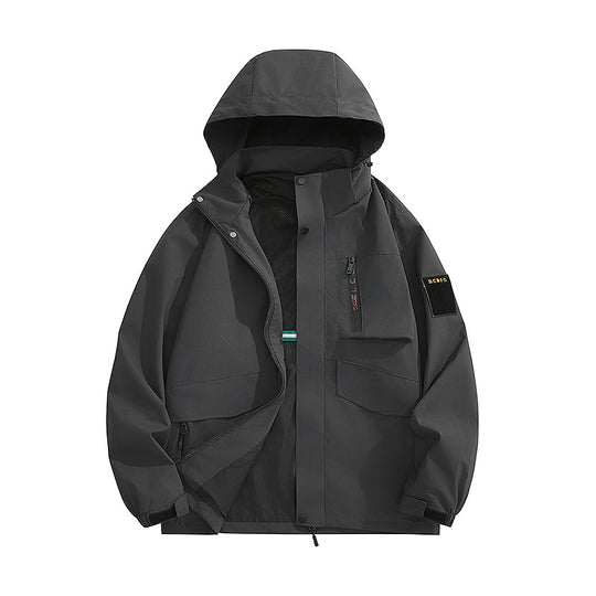 Herren multifunktionale Utility-Outdoorjacke mit Kapuze, verdeckten Taschenklappen und windabweisender Beschichtung EB