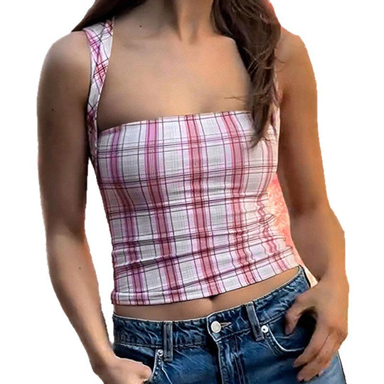 Damen figurbetontes Karo-Top mit elegantem Schnitt und transparenten Einsätzen EB