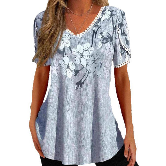 Damen nan legeres V-Ausschnitt-Tunikashirt mit floralem Muster und Pomponbesatz EB