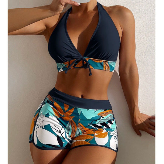 Damen Hochgeschlossen Bikini mit verspieltem Blumenmuster EB