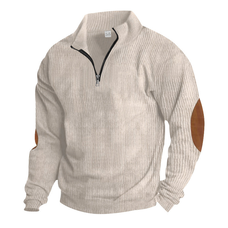 Herren nan gerippter Feinstrick-Pullover mit kurzem Reißverschluss Stehkragen und Lederoptik-Ellbogenpatches EB