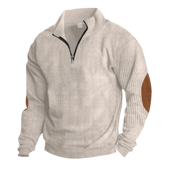 Herren nan gerippter Feinstrick-Pullover mit kurzem Reißverschluss Stehkragen und Lederoptik-Ellbogenpatches EB