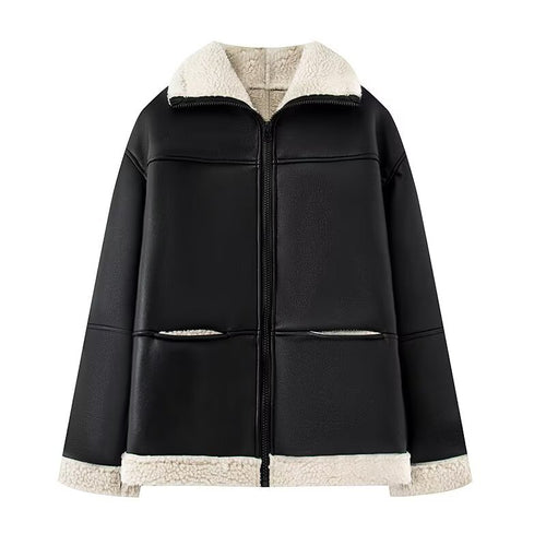 Damen Kunstlederjacke mit warmem Sherpa-Futter und praktischen Taschen EB