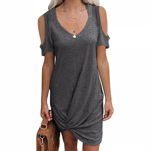 Damen V-Ausschnitt Minikleid mit offenem Schulterdesign und raffinierten Knotendetails EB